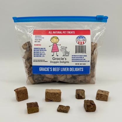 Bag of Gracie's Doggie Beef Liver Delights  treats on a white background