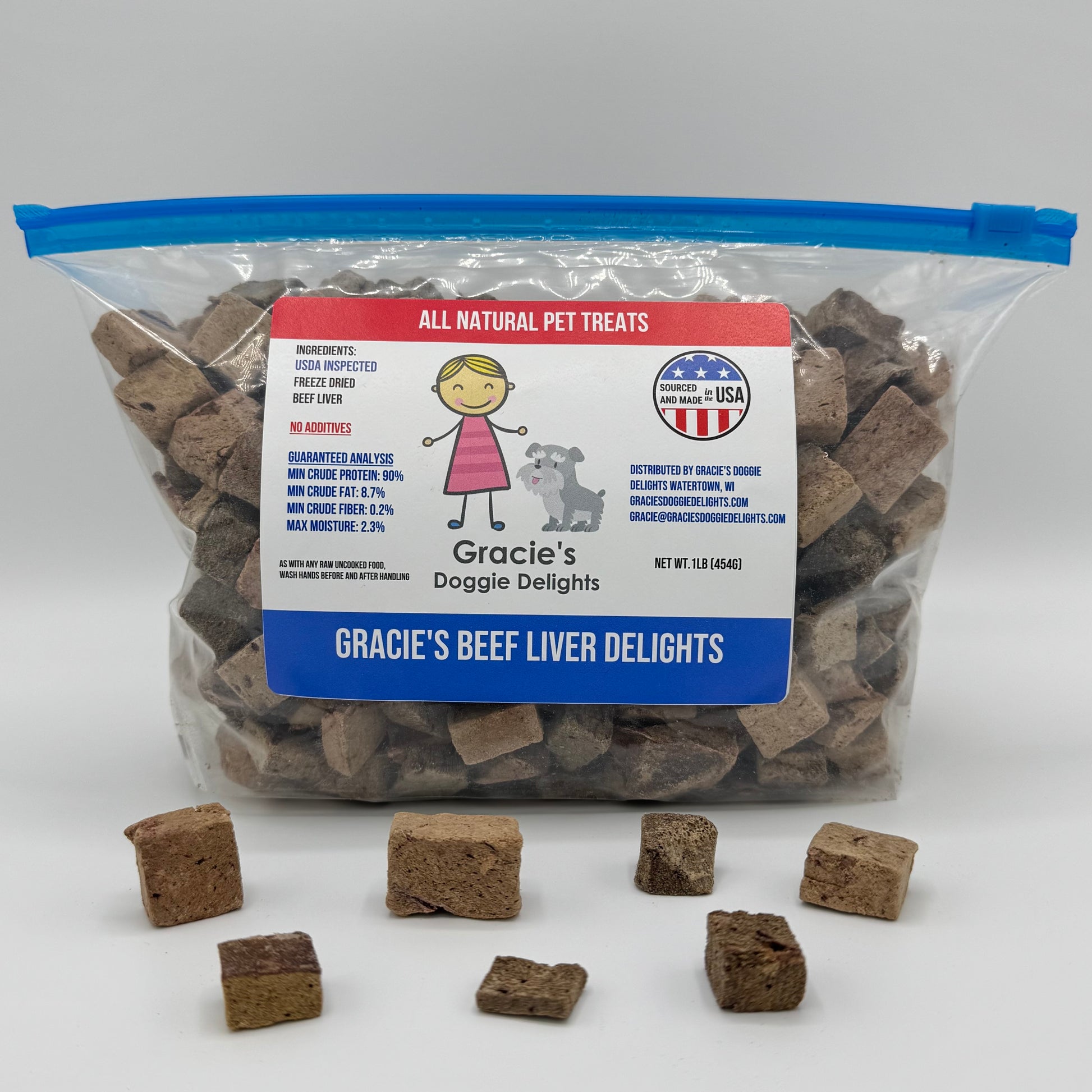 Bag of Gracie's Beef Liver Delights dog treats with a label on a white background